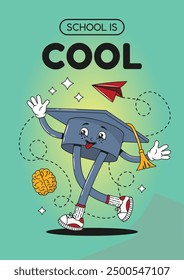 Funny educational poster or banner with groovy trendy retro trippy psychedelic graduation cap character or mascot and blue yellow gradient background. Back to school flyer for school, college.