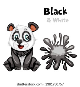 Funny Educational Set for Kids. Learning Colors. Panda is Black and White. Cartoon Isolated Animals with Color Splash