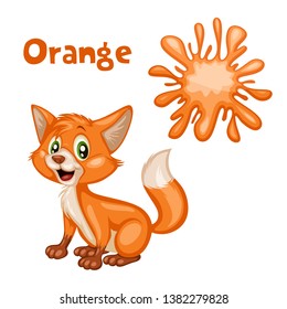 Funny Educational Set for Kids. Learning Colors. Fox is Orange. Cartoon Isolated Animals with Color Splash