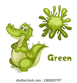Funny Educational Set for Kids. Learning Colors. Alligator is Green. Cartoon Isolated Animals with Color Splash