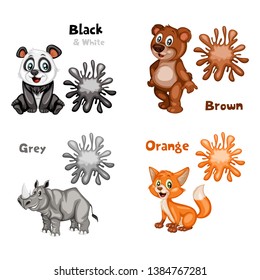 Funny Educational Set for Kids. Learning Colors. Bear is Brown. Panda is Black and White. Rhino is Grey. Fox is Orange. Cartoon Isolated Animals with Color Splash