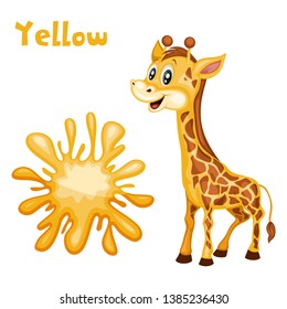 Funny Educational Set for Kids. Learning Colors. Giraffe is Yellow. Cartoon Isolated Animals with Color Splash