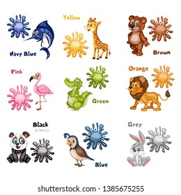 Funny Educational Set for Kids. Learning Colors. Swordfish is Blue, Bear is Brown. Flamingo is Pink. Alligator is Green. Lion is Orange. Giraffe is Yellow. Cartoon Isolated Animals with Color Splash