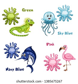 Funny Educational Set for Kids. Learning Colors. Swordfish is Blue,  Flamingo is Pink. Iguana is Green. Jellyfish is Sky Blue. Cartoon Isolated Animals with Color Splash