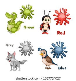 Funny Educational Set for Kids. Learning Colors. Alligator is Green. Ladybug is Red. Wolf is Grey. Quail is Blue. Cartoon Isolated Animals with Color Splash