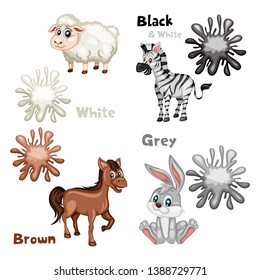 Funny Educational Set for Kids. Learning Colors. Sheep is White. Horse is Brown. Rabbit is Grey. Zebra is Black and White. Cartoon Isolated Animals with Color Splash