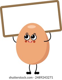 Funny egg character mascot holding a blank signboard