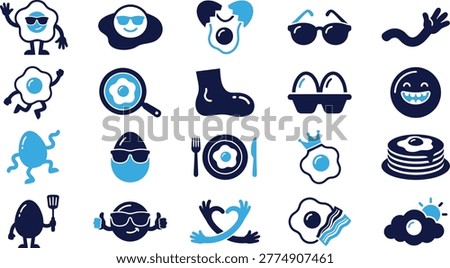Funny egg characters, breakfast items, food and drink design, pancakes, fried eggs, bacon, sunglasses, creative meal illustrations.