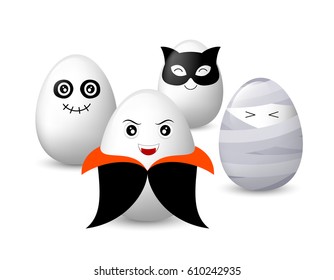 Funny egg characters set. horror illustration concept, dracula, ghost, black cat and mummy isolated on white background.