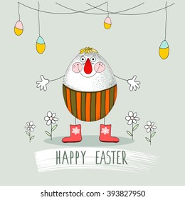 Funny Egg with flowers and hanging eggs. Easter greeting card, hand drawn vector illustration