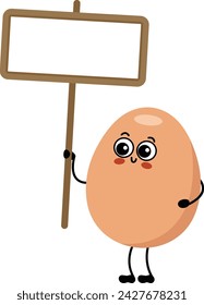 Funny egg mascot holding a blank signboard
