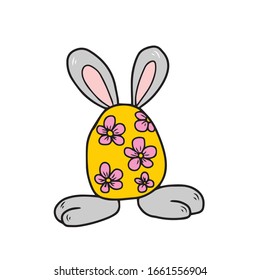 Huevo divertido pintado en flores con orejas y patas. Diseño vectorial para carteles y postales, en un fondo blanco aislado. Fiesta de Pascua