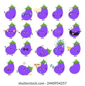 Funny Eggplant characters bundle set. Vector hand drawn doodle style cartoon character illustration icon design. Cute Eggplant mascot character collection