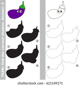 Funny Eggplant with different shadows to find the correct one, compare and connect object with it true shadow, the educational kid game with simple gaming level.