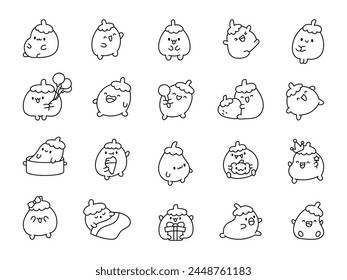 Funny eggplant food character. Coloring Page. Cute cartoon vegetable. Hand drawn style. Vector drawing. Collection of design elements.