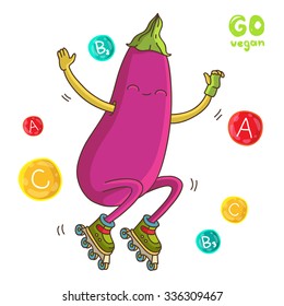 Funny eggplant rides on the green rollers. Around vitamins. Vegetarianism. Vector illustration on white background.
