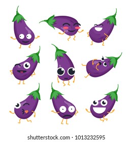 Funny eggplant - vector isolated cartoon emoticons. Cute emoji set with a nice character. A collection of an angry, surprised, happy, cheerful, crazy, laughing, sad vegetable on white background