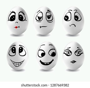 Funny eggs. This is image of funny eggs on white background. Faces on the eggs. Funny easter smile eggs