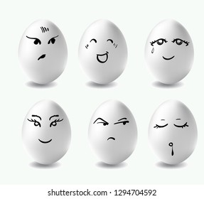 Funny eggs. This is image of funny eggs on white background. Faces on the eggs. Funny easter smile eggs