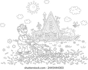 Funny elderly cottager lawnmower with a grass-cutter tending his lawn in front of a pretty small wooden house in countryside on sunny summer day on vacation, vector cartoon illustration