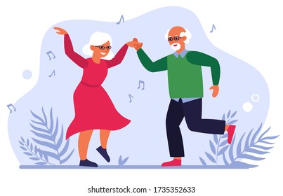 Funny elderly couple dancing flat vector illustration. Cartoon old people having fun together. Lifestyle, party and activity concept