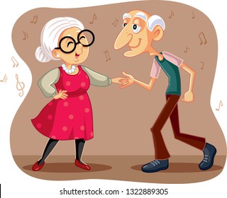 Funny  Elderly Couple Dancing Vector Cartoon. Grandfather and grandmother celebrating wedding anniversary 
