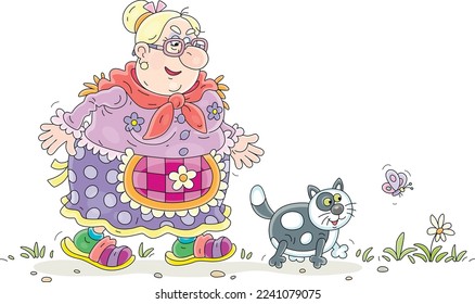 Funny elderly fat housewife walking with her fattened domestic cat around a yard, vector cartoon illustration isolated on a white background