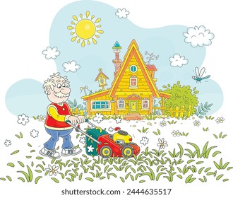 Funny elderly man lawnmower with a grass-cutter tending his green lawn in front of a pretty small wooden house in countryside on sunny summer day on vacation, vector cartoon illustration