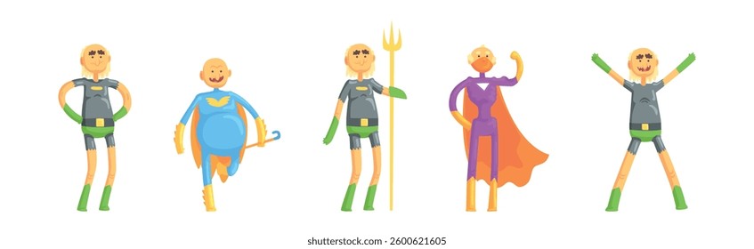 Funny Elderly Man Superhero Wearing Suit and Cape Vector Set