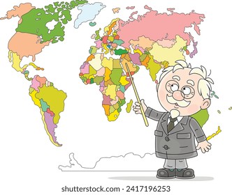 Funny elderly school teacher pointing to countries on a political World map and talking about them for schoolchildren in a class, vector cartoon illustration on white