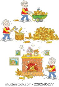 Funny elderly villager chopping firewood on a backyard, carrying chopped billets in a handcart and putting them in a burning fireplace of a country house, set of vector cartoon cliparts