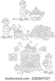 Funny elderly villager chopping firewood on a backyard, carrying chopped billets in a handcart and putting them in a burning fireplace of a country house, set of vector cartoon cliparts