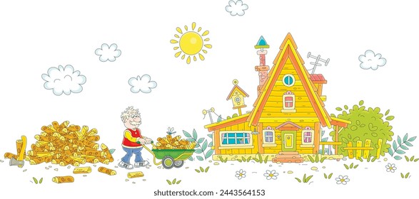 Funny elderly villager chopping firewood and carrying chopped billets in a handcart to a wood barn on a backyard of his pretty village house, vector cartoon illustration on white