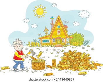 Funny elderly villager industriously chopping firewood for a fireplace on a backyard of his pretty village house on a sunny day in countryside, vector cartoon illustration on a white background