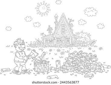 Funny elderly villager industriously chopping firewood for a fireplace on a backyard of his pretty village house on a sunny day in countryside, black and white vector cartoon illustration