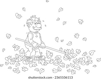 Funny elderly villager raking and removing fallen leaves with a rake and cleaning his autumn garden plot out of town, black and white outline vector cartoon illustration for a coloring book