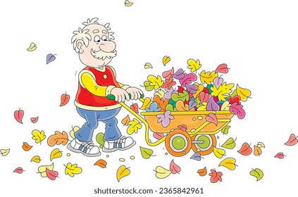 Funny elderly villager wheeling his cart full of colorful fallen leaves from an autumnal garden in countryside, vector cartoon illustration isolated on a white background