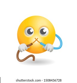 Funny electrician icon - 3D character connects two electric AC\DC wires - isolated vector illustration