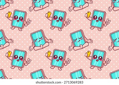Fondo de ilustración de patrón transparente de personaje de dibujos animados de dispositivo de tableta electrónica divertida