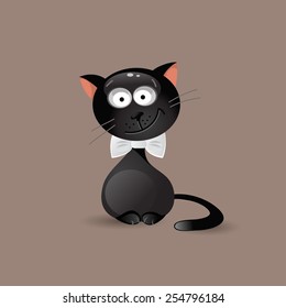 Funny elegant black cat with bow tie on a brown background