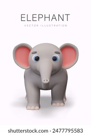 Funny elephant in 3D style on white background. Isolated vector illustration