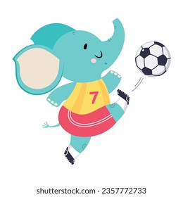 Funny Elephant Animal Character Playing Football Wearing Uniform Passing Ball Vector Illustration