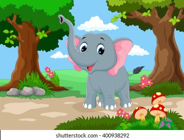 Funny elephant with a background of a beautiful garden