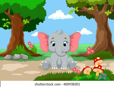 Funny elephant with a background of a beautiful garden