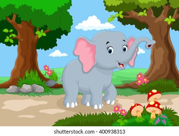 Funny elephant with a background of a beautiful garden