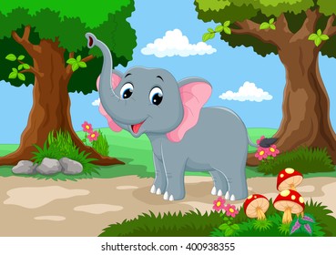 Funny elephant with a background of a beautiful garden