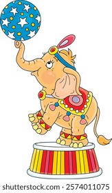 Funny elephant balancing on a colorful striped podium and playing with a big beautiful ball in an amusing acrobatic circus performance, vector cartoon illustration on a white background