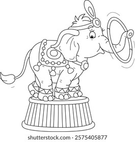 Funny elephant balancing on a colorful striped podium and playing with a big beautiful hoop in an amusing acrobatic circus performance, black and white vector cartoon illustration for a coloring book