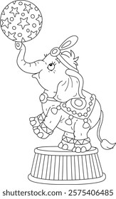 Funny elephant balancing on a striped podium and playing with a big beautiful ball in an amusing acrobatic circus performance, black and white vector cartoon illustration for a coloring book