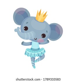 Funny Elephant in Ballerina Dress and Crown on Head Dancing Vector Illustration